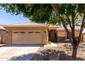 Charming single-story home featuring a two-car garage and xeriscaped front yard shaded by mature trees at 9511 E Kiva Ave, Mesa, AZ 85209