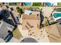 Birds-eye view of a residential property showcasing its roof, backyard pools, and neighborhood at 7542 W Dahlia Dr, Peoria, AZ 85381