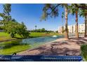 Scenic pond with fountains, palm trees, and a clear blue sky backdrop at 7940 E Camelback Rd # 101, Scottsdale, AZ 85251