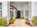 Inviting porch with decorative potted plants and a stylish black front door at 2924 E Mallory St, Mesa, AZ 85213