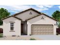 A single-story stucco house with an attached two-car garage featuring a tiled roof and low water use landscaping at 3945 E San Jose St, San Tan Valley, AZ 85143