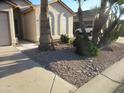 Close up of well maintained front yard showing beautiful desert landscaping including decorative rock and mature trees at 1912 E Doral Dr, Chandler, AZ 85249