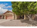 Inviting single-story home showcasing a two-car garage, gravel landscaping, and a large, mature tree for shade at 3668 E Cody Ave, Gilbert, AZ 85234