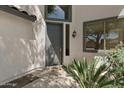 Close-up view of the front door of the home with a gray door and lush greenery creating a warm welcome at 9618 E Monterey Ave, Mesa, AZ 85209