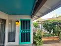 Inviting front porch featuring a teal-colored security door and a shaded outdoor garden area at 12221 S Paiute St, Phoenix, AZ 85044