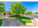 Manicured front yard featuring a mature shade tree, green lawn, and stone-lined walkways at 579 E Mary Ct, Gilbert, AZ 85295