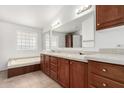 Bright bathroom with a double vanity, large mirror, and separate tub at 2929 E Sequoia Dr, Phoenix, AZ 85050