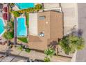 Aerial view of the backyard with a private pool, patio area, and mature trees at 6608 S Willow Dr, Tempe, AZ 85283