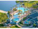 Aerial view showcasing community pool and recreational amenities surrounded by palm trees at 18001 W Cassia Way, Goodyear, AZ 85338