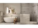 Elegant bathroom showcasing a freestanding tub, glass-enclosed shower, and chic neutral finishes at 4849 N Camelback Ridge Rd # A309, Scottsdale, AZ 85251
