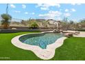 Inviting backyard pool with lush landscaping and outdoor fireplace, perfect for relaxation and entertaining at 11451 E Christmas Cholla Dr, Scottsdale, AZ 85255