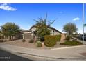 Corner lot home featuring desert landscaping, mature trees, and a charming exterior with neutral tones and stone accents at 11148 E Tumbleweed Ave, Mesa, AZ 85212