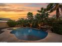Backyard oasis with a freeform pool, rock waterfall, and lush tropical landscaping providing a private retreat at 21525 E Camacho Rd, Queen Creek, AZ 85142