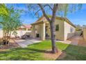 Backyard featuring a lush green lawn and a covered patio with outdoor seating area, perfect for relaxation and entertaining at 30430 N 42Nd Pl, Cave Creek, AZ 85331