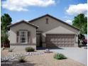 Exterior elevation featuring finished gray stucco house with covered garage and desert rock landscaping at 4196 E Kolin Ln, San Tan Valley, AZ 85143