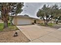 Charming home exterior featuring a spacious driveway, two-car garage, and mature shade trees at 18607 N 125Th Ave, Sun City West, AZ 85375