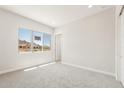Bright bedroom with neutral carpet and a large window overlooking a mountain view at 18716 N 269Th Ln, Buckeye, AZ 85396