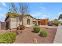 Landscaped front yard with desert landscaping, a young tree, and a view of neighboring homes at 20340 E Camacho Rd, Queen Creek, AZ 85142