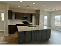 Open kitchen with stainless steel appliances, large island, and gray cabinetry at 25875 W Running Deer Trl, Wittmann, AZ 85361