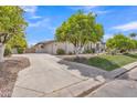Expansive driveway leading to a well-maintained home with lush landscaping and mature citrus trees at 3461 E Indigo Cir, Mesa, AZ 85213