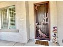 Charming home entryway with a unique desert-themed security door and desert themed decor at 4417 N 156Th Dr, Goodyear, AZ 85395