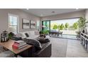 Open living room with neutral tones, large windows, and sliding doors to the outdoor patio at 851 E Deer Creek Rd, Phoenix, AZ 85048