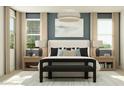 Well-lit bedroom with neutral color palette, large windows, stylish lighting, and comfortable furnishings at 5043 S 233Rd Dr, Buckeye, AZ 85326