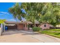 Wide view of the home featuring an extended driveway with a carport, mature trees, and a well-maintained lawn at 2942 E Mulberry Dr, Phoenix, AZ 85016