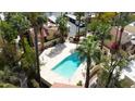 Aerial shot of a sparkling community pool with lounge chairs and tropical landscaping at 6540 N 7Th Ave # 46, Phoenix, AZ 85013