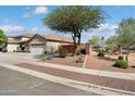 View of the house exterior showcasing the desert landscaping, three car garage, and mature shade tree at 16876 W Stevenage St, Surprise, AZ 85374