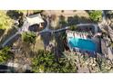 Aerial view featuring a community pool, a playground, walking paths, and lush landscaping with trees at 1677 W Seagull Ct, Chandler, AZ 85286