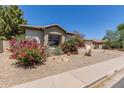View of the front exterior featuring desert landscaping with flowering bushes and shade trees at 2060 E Prescott Pl, Chandler, AZ 85249