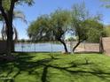 Beautiful backyard view featuring a lush lawn and peaceful waterfront with mature trees and secure fencing at 2074 N 109Th N Ave, Avondale, AZ 85392