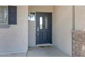 Close-up of the front door with decorative glass, sidelight window, and stone accents, offering curb appeal at 17812 N Carmen Ave, Maricopa, AZ 85139
