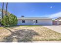 Exterior view of a single-story home with a dry lawn and shrubbery in the front yard on a sunny day at 7135 E Baywood Ave, Mesa, AZ 85208