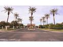 Gated community entrance featuring a tile roof covering, palm trees, and a beautifully landscaped median at 3306 E Jaeger Cir, Mesa, AZ 85213