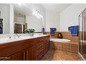 Spacious bathroom with double sinks, a soaking tub, walk-in shower, and warm wood cabinetry at 11640 N Tatum Blvd # 3091, Phoenix, AZ 85028