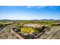 Expansive aerial view of a desert home with mature trees and landscaping in a gated community at 42145 N Fairgreen Ct, Anthem, AZ 85086