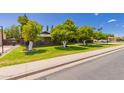 Inviting single-story home featuring a lush, green lawn and vibrant citrus trees, adding natural beauty at 1907 E Huber St, Mesa, AZ 85203