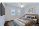 Bright bedroom featuring a cozy bed, two windows, and decorative botanical prints at 26733 W Melinda Ln, Buckeye, AZ 85396