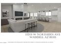 Bright and airy living room featuring a fireplace, modern furniture, and luxury vinyl plank flooring at 17205 W Northern Ave, Waddell, AZ 85355