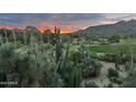 Scenic desert landscape view featuring native plants, a green golf course, and mountain views at sunrise at 1607 N Quartz Valley Rd, Scottsdale, AZ 85266