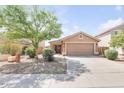 Well-maintained single-story home featuring desert landscaping, a two-car garage, and mature trees at 41341 W Little Dr, Maricopa, AZ 85138