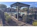 Community pool area featuring shaded lounge seating and well-maintained landscaping, with a wrought iron fence at 7412 E Flower Ave, Mesa, AZ 85208