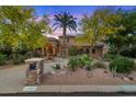 Elegant home with lush landscaping, a decorative fountain, and stone mailbox enhancing its curb appeal at 11821 S Tuzigoot Ct, Phoenix, AZ 85044