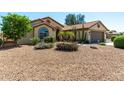 Landscaped front yard with desert plants, rocks, a lush green tree, and a tile roof home at 15395 W Pinchot Ct, Goodyear, AZ 85395