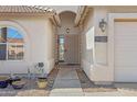 Inviting front entrance features decorative house numbers, a security door, and unique rain chains at 6341 S Cypress Point Dr, Chandler, AZ 85249