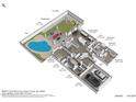 Detailed floorplan showcasing the layout with a pool, covered patio, and a spacious kitchen/dining area at 18437 E Celtic Manor Dr, Queen Creek, AZ 85142
