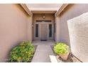 Inviting covered front entry featuring sidelight windows and decorative plants at 7778 N 51St Ln, Glendale, AZ 85301