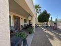 Covered patio with views of desert landscaped backyard, trees and chairs at 6214 E Sierra Morena St, Mesa, AZ 85215